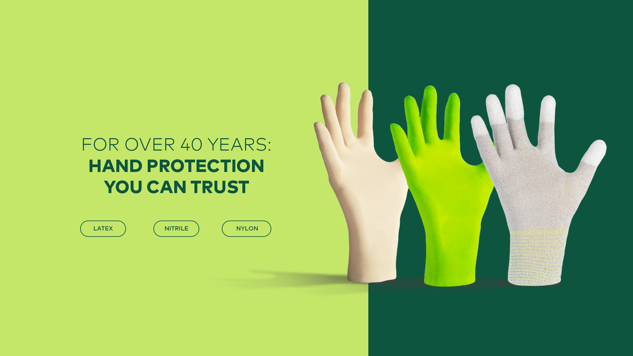 Protect2Clean | Nitril | Latex | Nylon Gloves | SimTec Gloves | Text on Banner: For over 40 Years: Hand Protection you can trust